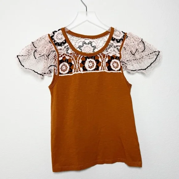 Anthropologie Rust Brown Crochet Embroidered Blouse - Picture 2 of 8